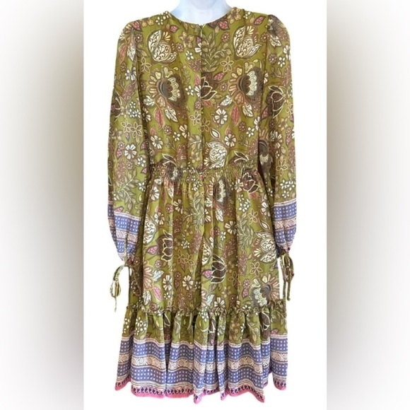 Taylor Smocked Fit & Flare Womens sz 12 Olive Floral Print Flouncy MIDI Dress - Picture 2 of 15